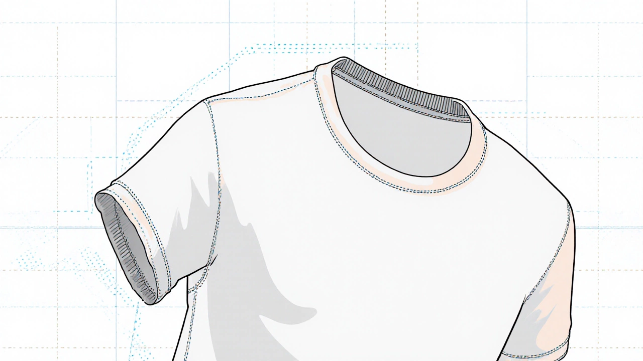 Close‑up illustration of double‑needle seams and reinforced neckline on a T‑shirt.