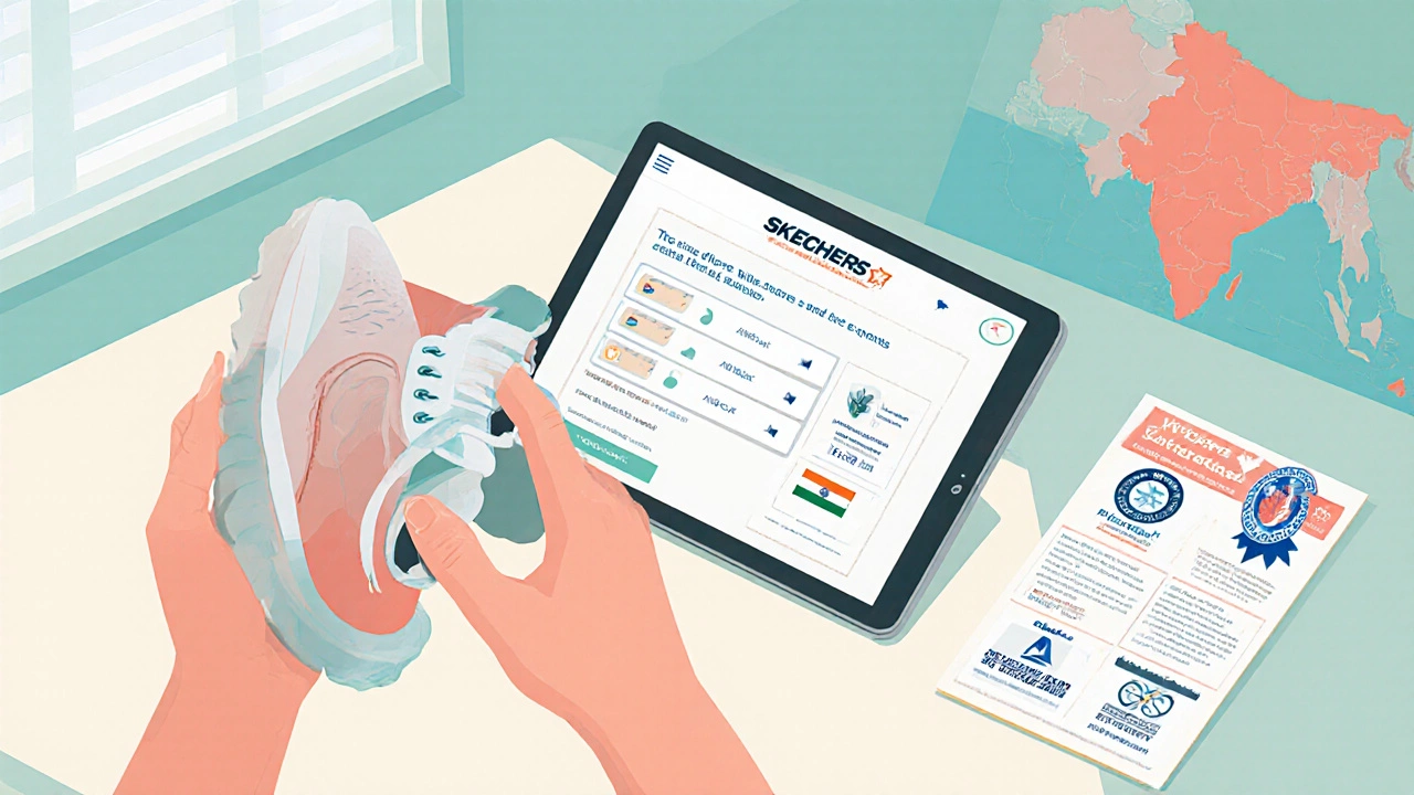 Consumer comparing Skechers shoes with ethics portal and alternative brand certifications.