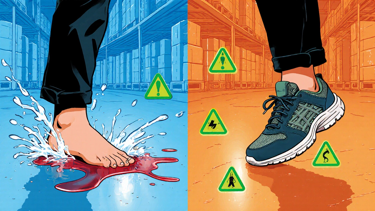 Contrasting scenes of a bare foot slipping on a wet floor and a shoe providing safety.