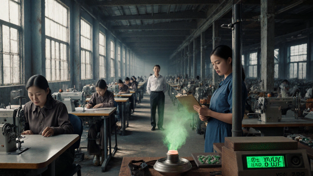 Factory interior showing workers and a lab test of glue emitting toxic vapor.