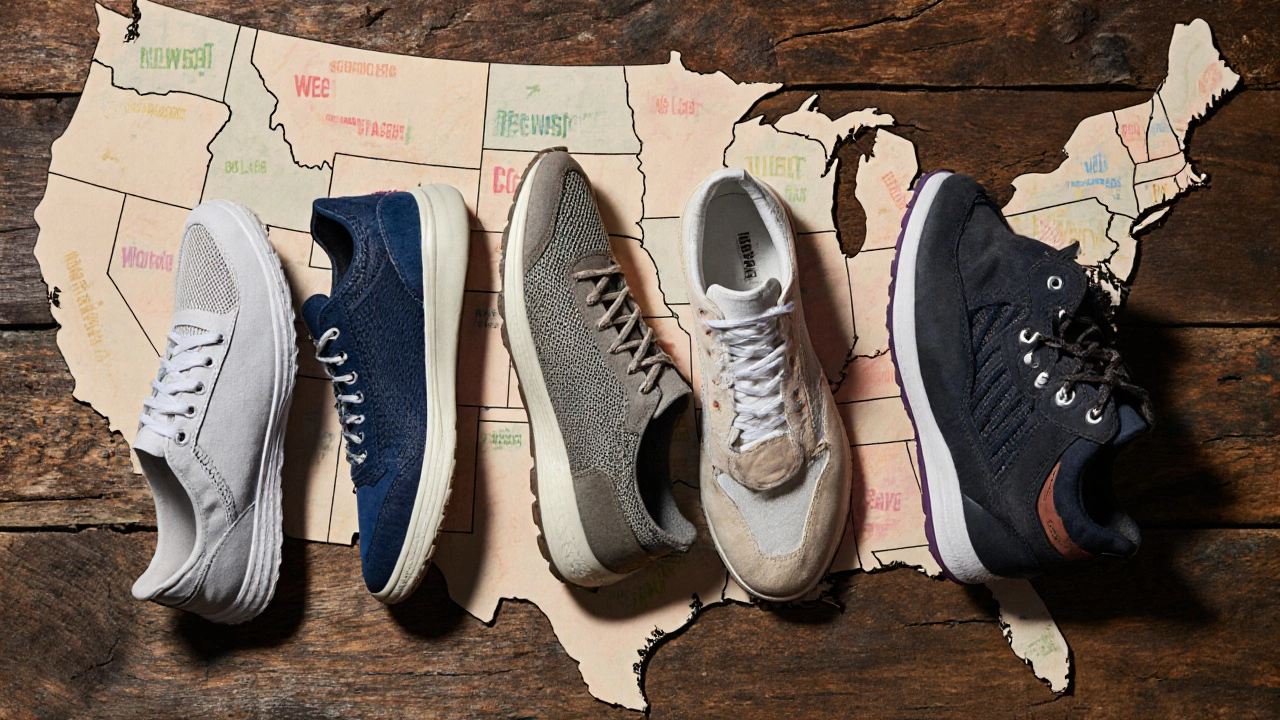 Flat‑lay of sneaker, athletic shoe, tennis shoe, running shoe, and basketball shoe on wood.