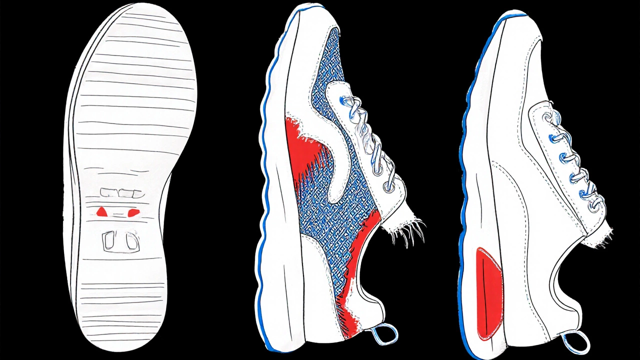 Illustration of three shoes showing worn outsole, frayed upper, and floppy heel.