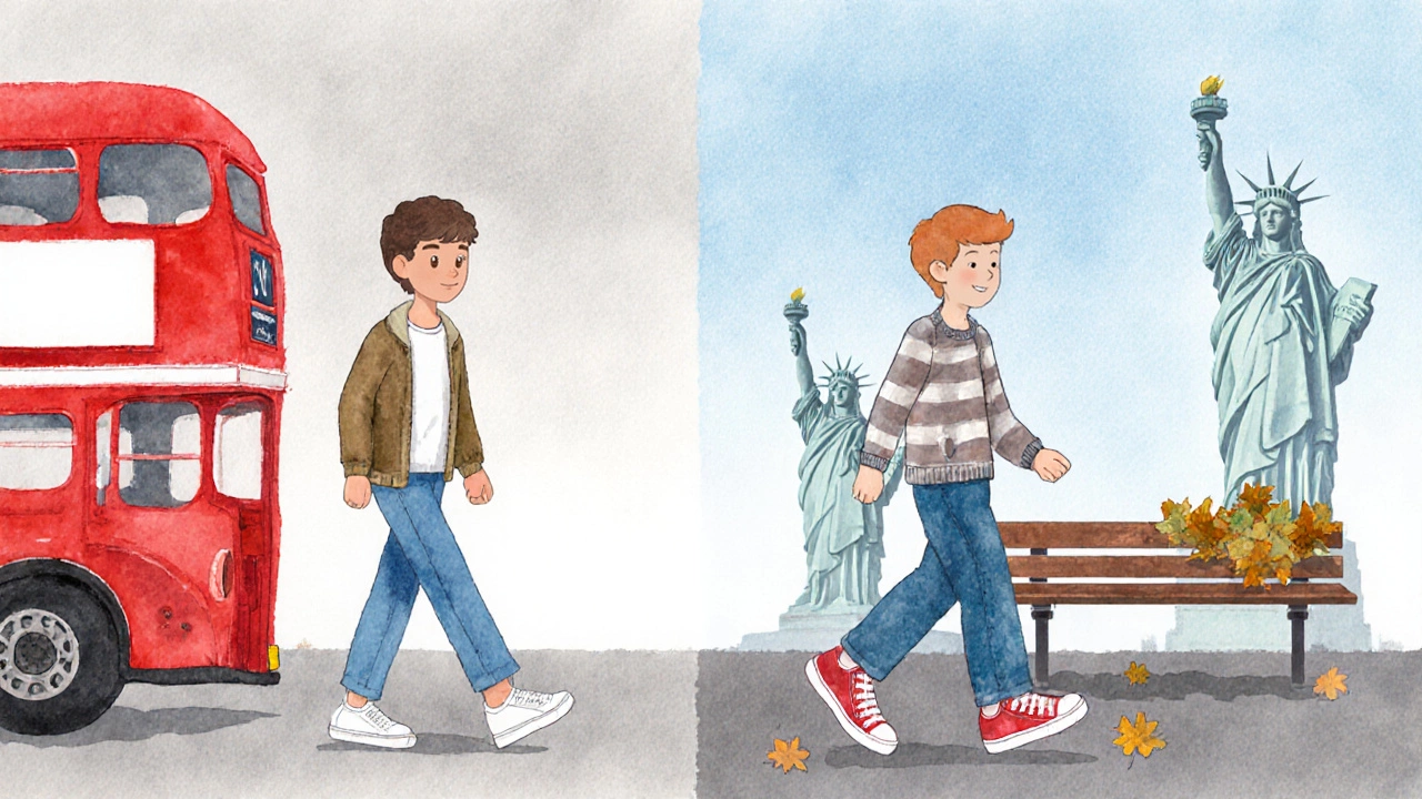 Illustration of UK teen with trainers and US teen with sneakers beside landmarks.