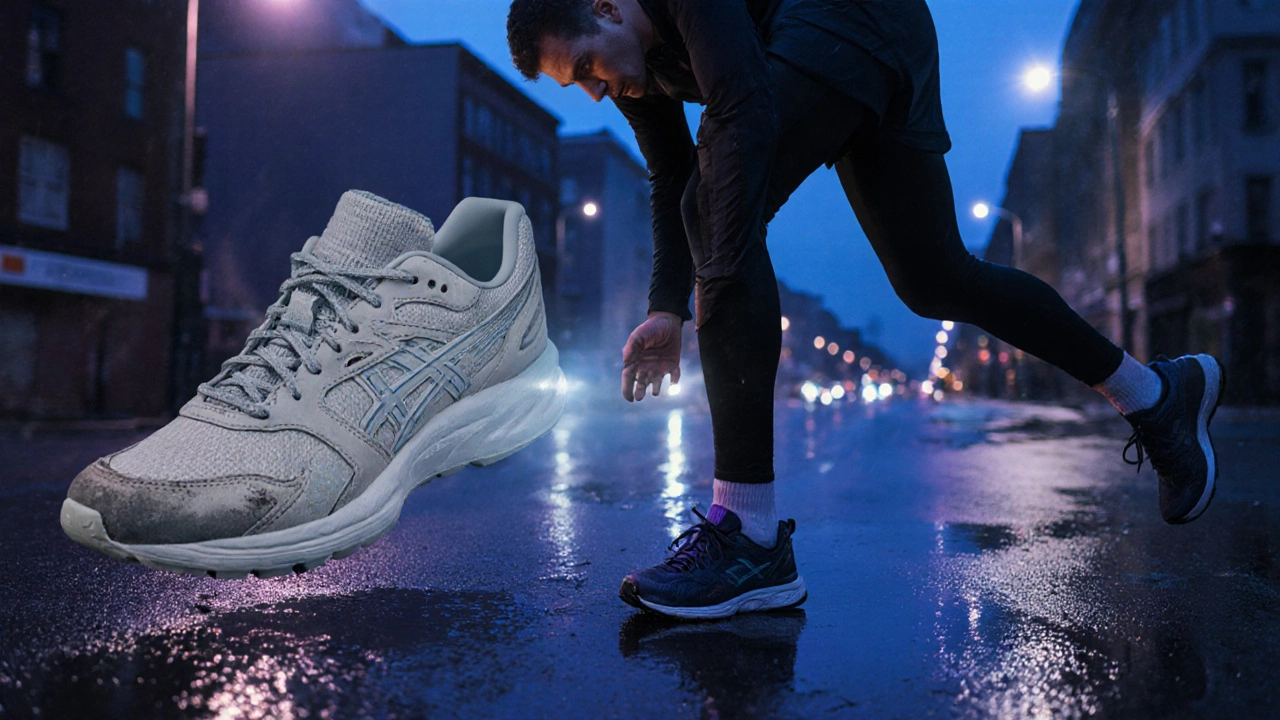 Runner pausing on wet street, examining foot with ghosted worn shoe overlay.