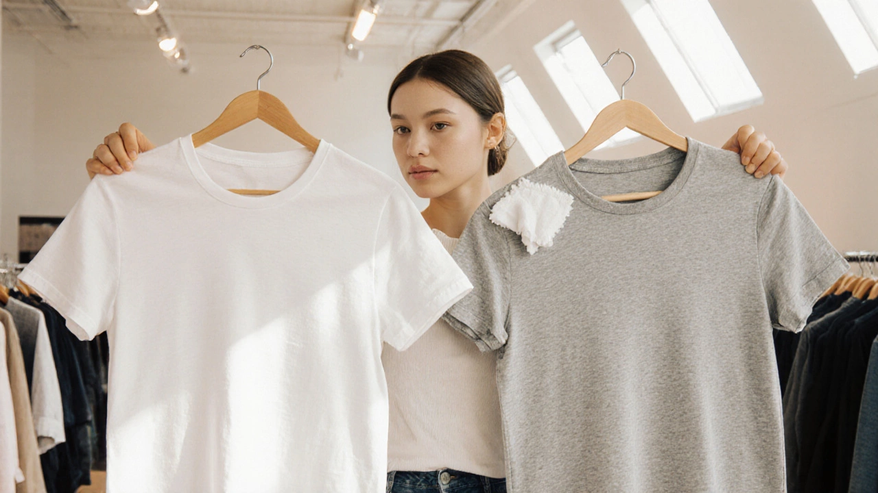 Shopper comparing two T‑shirts, checking fit and colour fastness in a boutique.