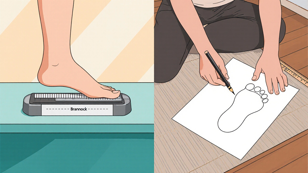 Split illustration of a Brannock device measuring a foot and a home ruler‑and‑paper foot tracing method.