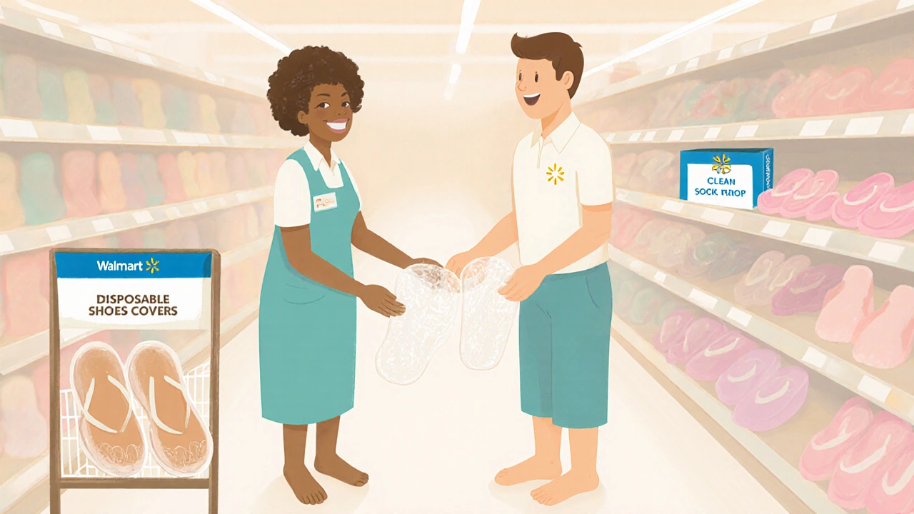Store staff offering disposable shoe covers and flip‑flops to a barefoot customer.