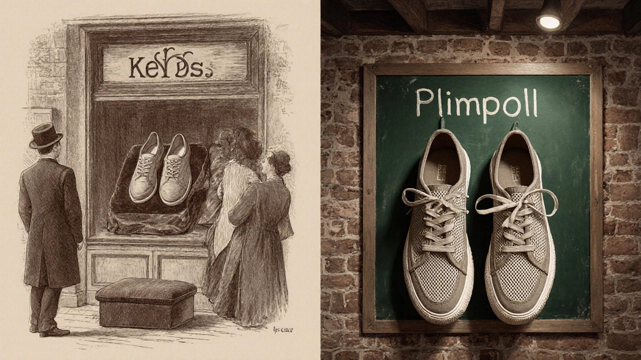 Vintage illustration of 1892 Keds canvas shoe and 1916 Dunlop plimsoll in period settings.
