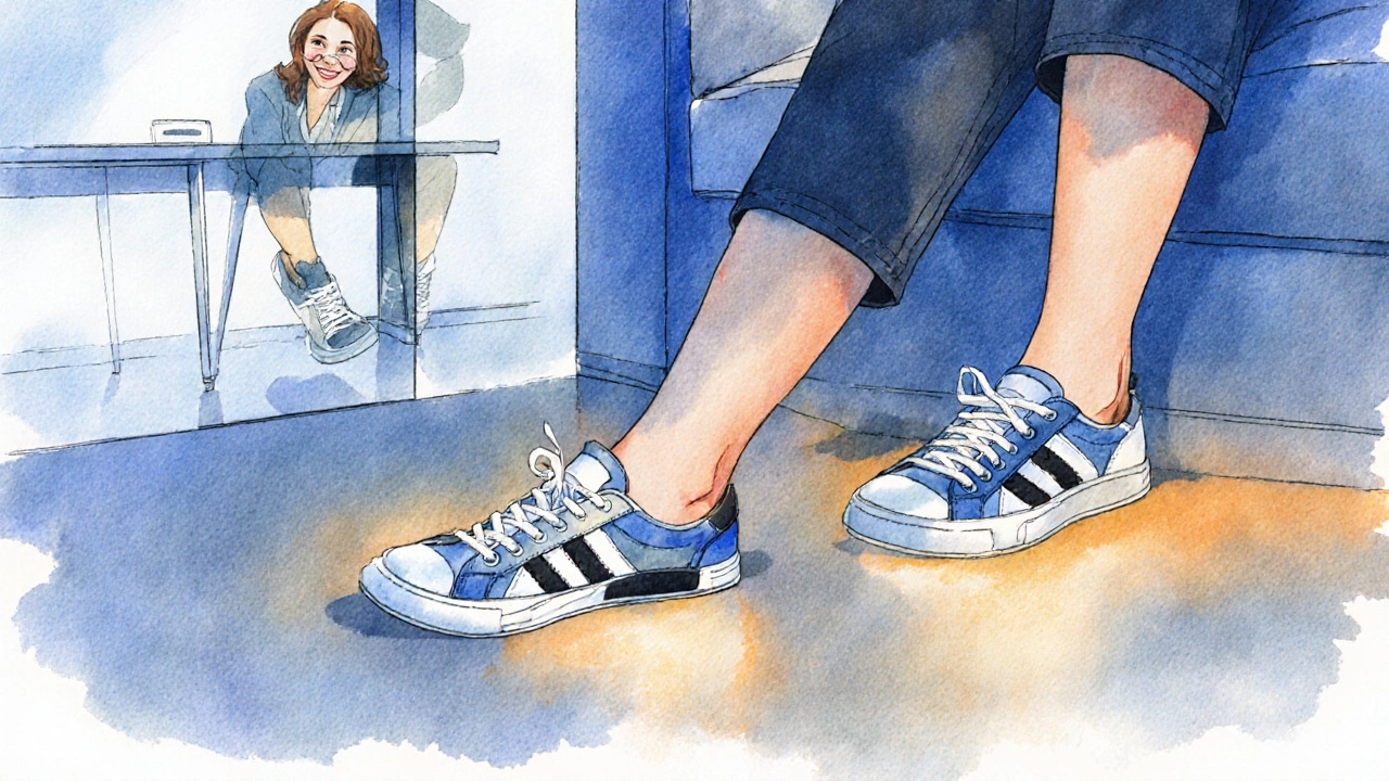 Woman happily wearing custom EE sneakers, contrasted with a tighter AD shoe silhouette.